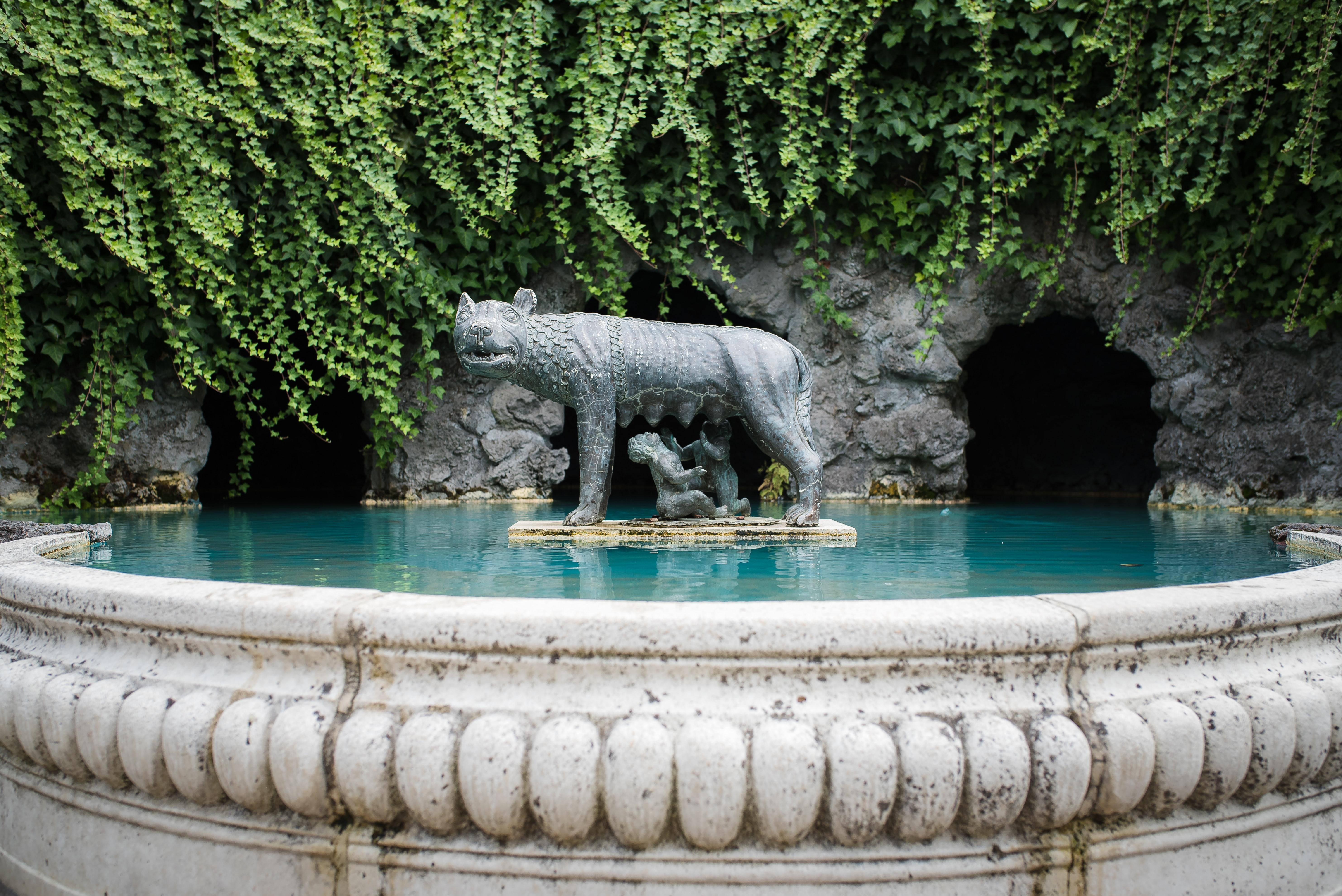Statue of the Capitoline Wolf sculpture in a pool of water